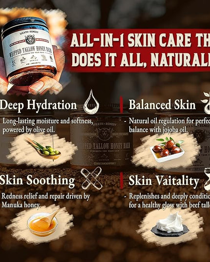 Organic Beef Tallow for Skin - 4 OZ (Vanilla) — Grass Fed Beef Tallow for face + Body — US-Made Whipped Tallow and Honey Balm Moisturizer for Dry and Sensitive Skin, Eczema, Rosacea (No Additives)