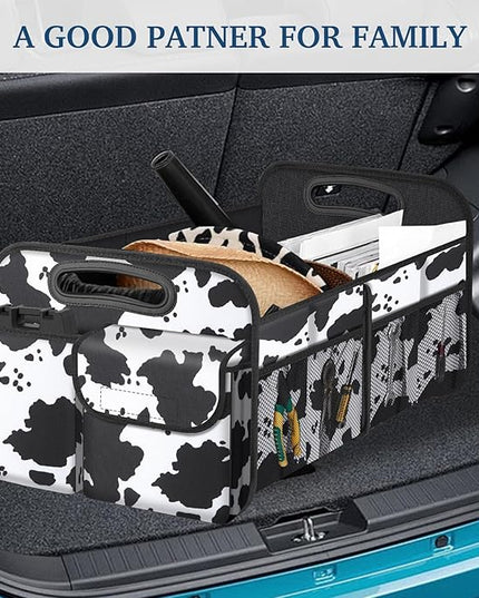 Femuar Car Trunk Organizer, Cow Print, Vintage Style, 52L Capacity, 4 Compartments, Waterproof, Non-Slip, Collapsible, 22.5"D x 18"W x 10.8"H