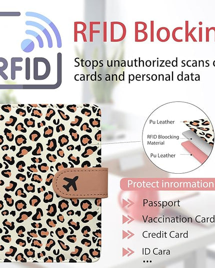 Passport Holder, Travel Wallet Cover with Pen Loop | Cute RFID Blocking Leather Case with Magnetic Closure for Travel Essentials-Leopard