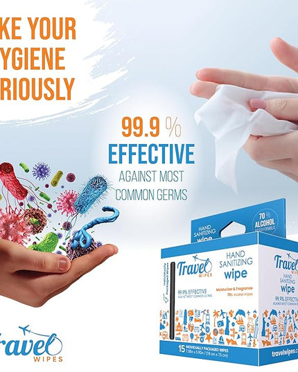 Hand Sanitizing Travel Wipes – 15ct Individually Wrapped | Fresh Citrus Scent, Moisturizing, 70% Alcohol Wipes | Travel, Home, Office, Daily Use | Made in USA