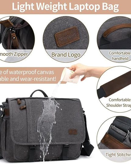 Nerlion Messenger Bag for Men 17-17.3 Inch Laptop Bag Canvas Water-resistant Computer Bag Shoulder Bag Work Briefcase Bookbag for College (Gray)