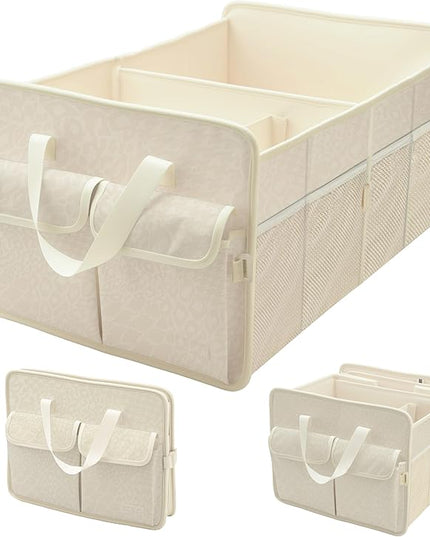 Sturdy Car Trunk Organizer – Large Capacity Trunk Organizer for SUVs & Sedans, Hard-Shell One-Piece Design with Cute Print, Collapsible and Durable Car Organizers （Beige Leopard 70L ）