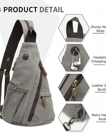 Vintage Canvas Sling Bag with Genuine Leather Zipper, 3 in 1 Crossbody, Backpack, and Chest Bag, for Travel, Hiking, 16x10x6 Inches, Gray