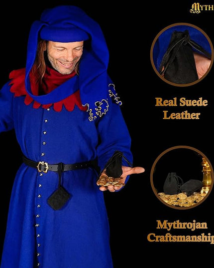 Mythrojan Small Trinket Pouches Suede Leather Drawstring Coin & Dice Bags for LARP, SCA, Viking & Medieval Events (Black - Pack of 4)