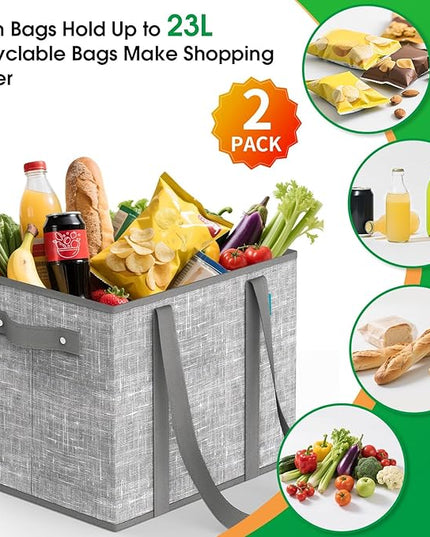 Fab totes Reusable Grocery Bags, Large Foldable Shopping Tote Bags with Reinforced Handles & Hard Bottom,Water Resistant Grocery Bags for kitchen,Picnic,2 Pack, Grey
