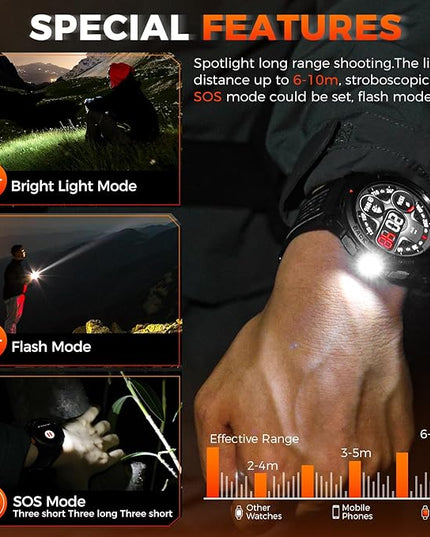 KE5 Military Smart Watch for Men with Flashlight SOS 3ATM Waterproof Watch 530mAh Big Battery 1.45" Rugged Tactical Smartwatch with Compass Elevation Barometer Fitness Watch for iPhone (Brown+OLight)
