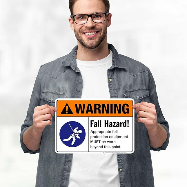 Warning Fall Hazard Appropriate Fall Protection Equipment Sign, 10x7 Inches, 4 Mil Vinyl Decal Stickers Weather Resistant, Made in USA by My Sign Center