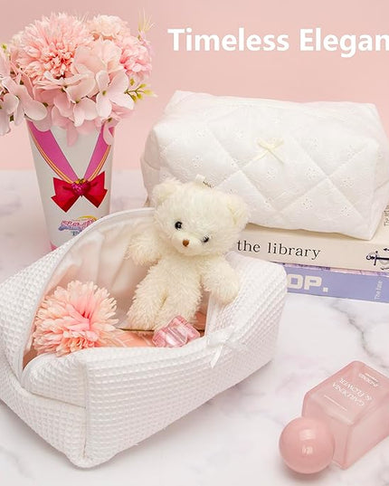 PAZIMIIK 6PCS Cozy Makeup Bag SET Travel Cosmetic Bag for Women Soft Toiletry Bag Aesthetic Makeup Organizer Portable Large Zipper Pouch for Skincare Beauty Accessories Brushes Waffle Check White