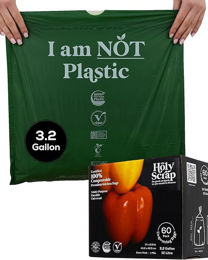 100% Compostable Trash Bags 3.2 Gallon - 60 Pack - Small Drawstring Compost Bags, Eco Friendly Food Scraps Recycling Bag for Kitchen Waste Bin - BPI Certified, OK Compost Home