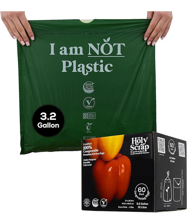 100% Compostable Trash Bags 3.2 Gallon - 60 Pack - Small Drawstring Compost Bags, Eco Friendly Food Scraps Recycling Bag for Kitchen Waste Bin - BPI Certified, OK Compost Home