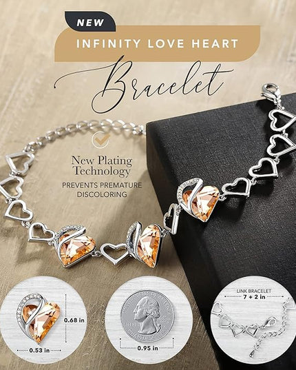 Leafael Infinity Love Heart Link Bracelets, Birthstone or Healing Stone Crystal Bracelet for Women, Silver Tone Jewelry Gifts for Her, 7-inch Chain and 2-inch Extender