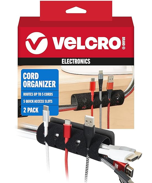 VELCRO Brand Cord Organizer for Desk & Nightstand, Valentine’s Gift for Him, 5 Cable Slots with Sleeve Routing, Adhesive Wire Holder for Cord Management, Home, Office & Gaming, Black 2 Pack