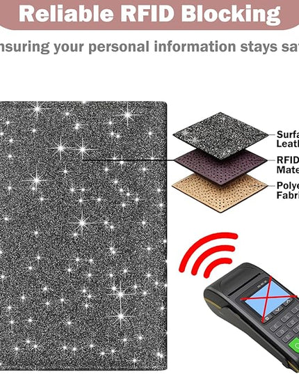HOTCOOL Passport Holder Travel Essentials Airplane & Cruise Essentials Ship Leather Wallet Cover Case RFID Blocking Women & Men Vacation Travel Accessories Gifts Deals, Glitter - Black