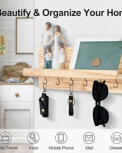 Lwenki Decorative Key Holder for Wall with Shelf, Entryway Shelf with Hooks Holds Leashes, Jackets and Glasses – Sturdy Wood Keyholder Entrance Hanger with Mounting Hardware (Wood, Large)
