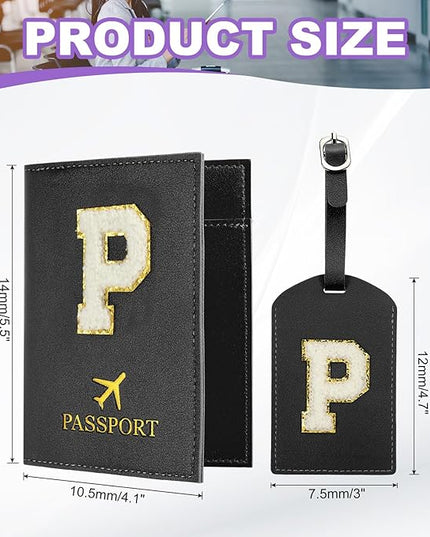 PATIKIL Passport Holder for Travel, Initial Passport Cover and Luggage Tag Set with Alphabet Chenille Letter Patch Travel Wallet Bag Suitcase Identifier for Women Family Travel Black P