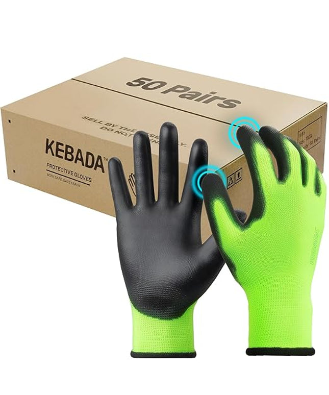 Kebada W1 Work Gloves for Men and Women, Touchscreen PU Coated Gloves with Grip, 50 Pairs Bulk Pack, Ideal for Warehouse Package Handling, Construction, Gardening, Green Large