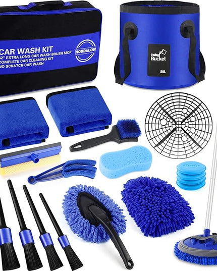 21Pcs Car Wash Kit,62" Car Wash Brush Mop with Long Handle,Car Cleaning Kit,Car Detailing Brush Set,Car Wash Bucket with Filter,Windshield Window Squeegee for Cars RV Truck Boat (Blue)