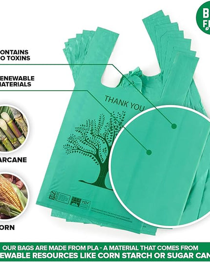 200 Pack Thank You Bags Disposable Eco Grocery T-Shirt Bag with Handles for Supermarket, Groceries, Produce, Shopping, Trash, Small Commercially Compostable Baggies Bulk