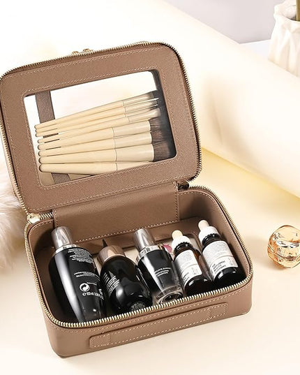 Aveniee Large Clear Makeup Bags, Double Layer Cosmetic Bags with Separate Brush Compartment,Travel Toiletry Bag Train Case,Travel Accessories Organizer for Women,2 Layers,Brown
