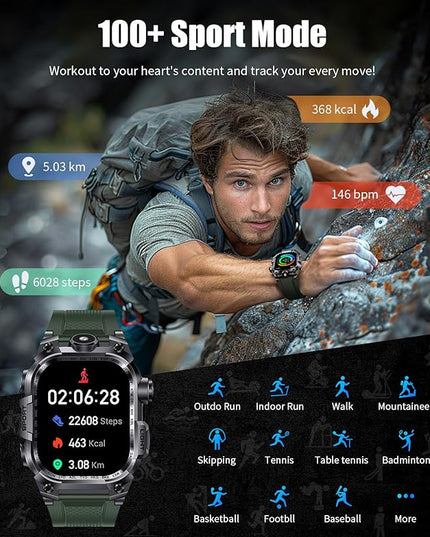 Military Smart Watches for Men(Answer/Make Calls),2.01"HD Screen Sports Smartwatch with LED Flashlight/700mAh Battery,IP68 Waterproof Fitness Tracker for Android iOS,100+Sport Modes,Green Silicone