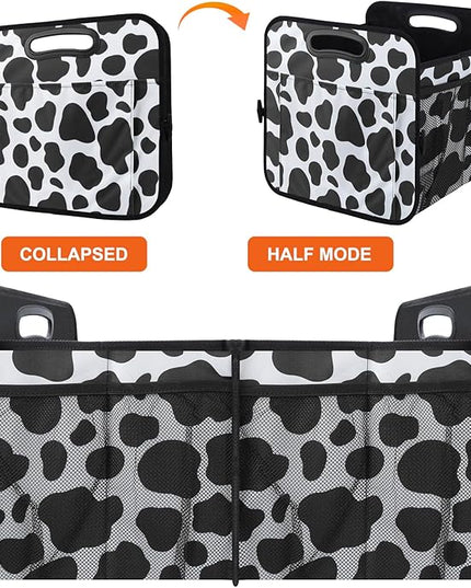Trunk Organizer for Car, 72L Collapsible Waterproof Car Organizers and Storage, Car Accessories for Women and Men, Multi-Compartment Storage Organizer for SUV, Cow Print