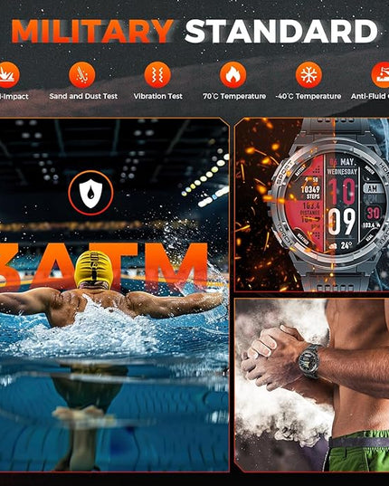 KE5 Military Smart Watch for Men with Flashlight SOS 3ATM Waterproof Watch 530mAh Big Battery 1.45" Rugged Tactical Smartwatch with Compass Elevation Barometer Fitness Watch for iPhone (Brown+OLight)