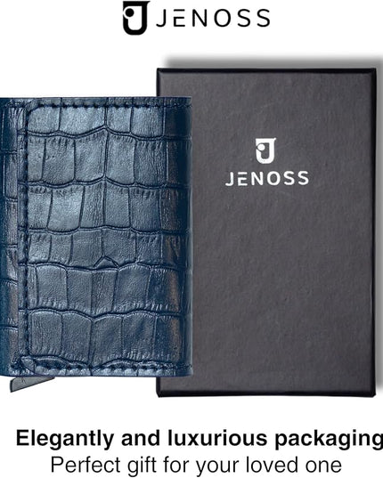 Jenoss Smart Wallet For Men: Full Grain Leather, Handcrafted, Slide Metal Pop Up Case, Slim RFID Blocking Credit Card Holder, Minimalist, Compact, 6-8 Cards Organizers, Front Pocket, Money Clip (Navy)