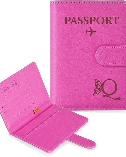 COSHAYSOO Initial RFID Passport Holder for Travel Women Passports Cover Case Air Essentials Airplane Flight Accessories Airline Plane Flying Must Haves Christmas Gift Butterfly Letter Hot Pink Q