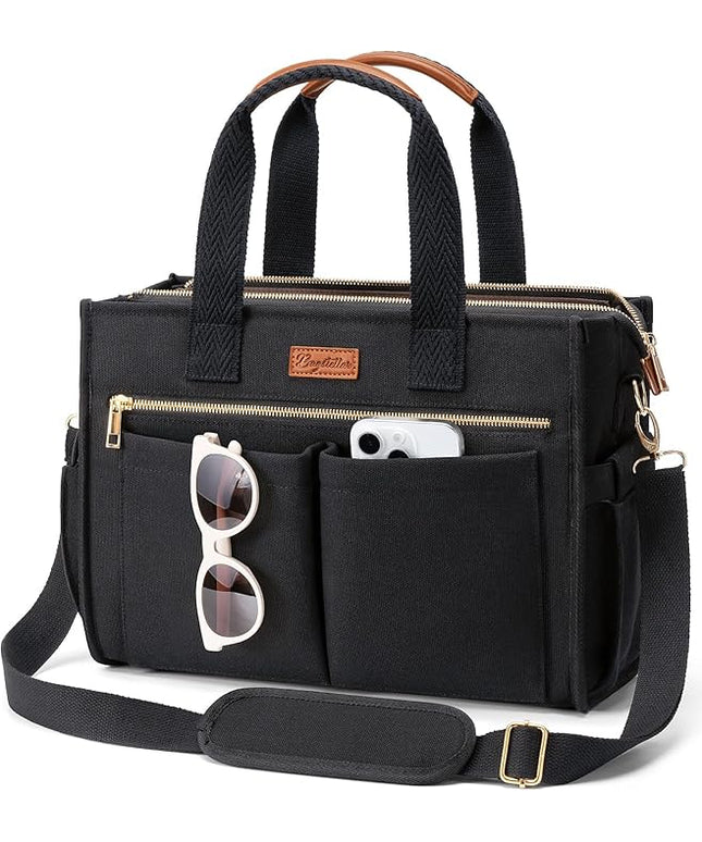 Canvas Tote Bag for Women, 15-Pockets Work Laptop Tote Purse Large Crossbody Nurse Teacher Bible Bag for School Travel Daily | with Strap & Zipper, Multi Compartment, Stand Upright Stably, College Shoulder Bag, Clinical Nursing Bag, Ideal Gift for Women
