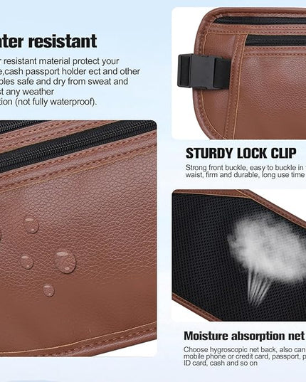 PU Leather Money Belt - Passport Holder Secure Hidden Travel Wallet with RFID Blocking, Undercover Fanny Pack(Brown)