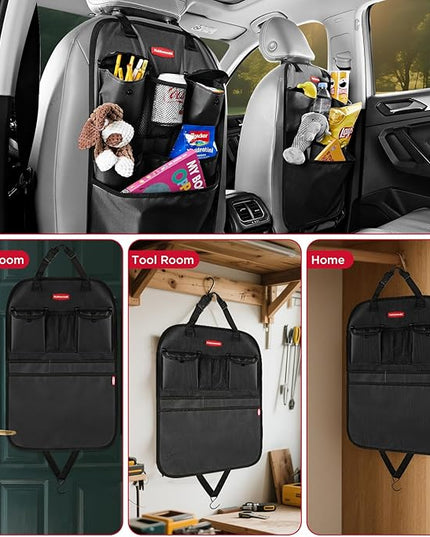 Rubbermaid Backseat Car Organizer, Kick Mats and Seat Back Protector, Car Organizer for Kids with 6 Storage Pockets, Travel Essentials for SUV, Truck, Car - 2 packs Black