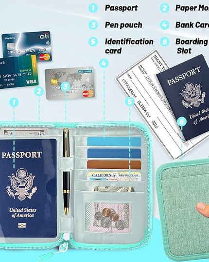 Passport Holder for Travel Essentials, RFID Blocking Protector Passport Wallets, Passport Document Organizer Case for Travel Must Have, Passport Book for Women, Couple, Family Cards, Tickets, ID, Cash