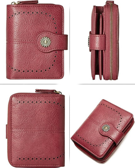 TFKGS Small Womens Wallet Leather RFID Blocking Bifold Compact Card Holder Ladies Zipper Accordion Pocket with ID Window Red
