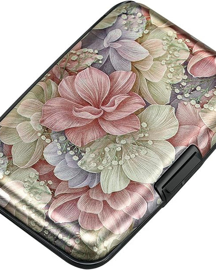 ELFISH Mini RFID Aluminum Wallet Credit Cards Holder Business Card Case Metal ID Case for Men Women（Happy Flower
