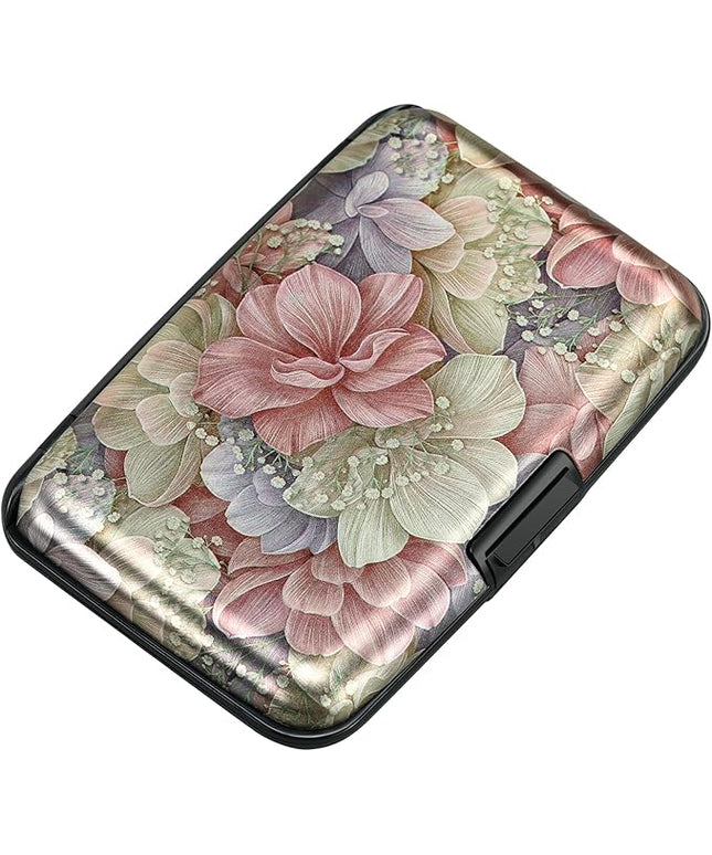 ELFISH Mini RFID Aluminum Wallet Credit Cards Holder Business Card Case Metal ID Case for Men Women（Happy Flower