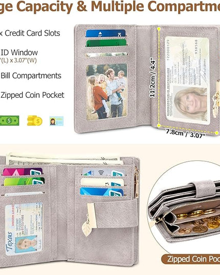 HUANLANG Small Wallets for Women Rfid Blocking Leather Bifold Credit Card Holder Ladies Wallet Zipper Pocket with ID Window
