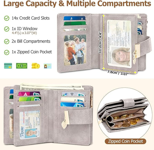 HUANLANG Small Wallets for Women Rfid Blocking Leather Bifold Credit Card Holder Ladies Wallet Zipper Pocket with ID Window