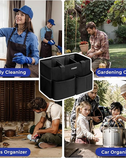 Ytonet Cleaning Caddy, Water Resistant Cleaning Supplies Organizer with Handle & Foldable Divider for Cleaners, Housekeeping Tote for Kitchen & Bathroom, Car Tool Caddy Organizer Bag, Black