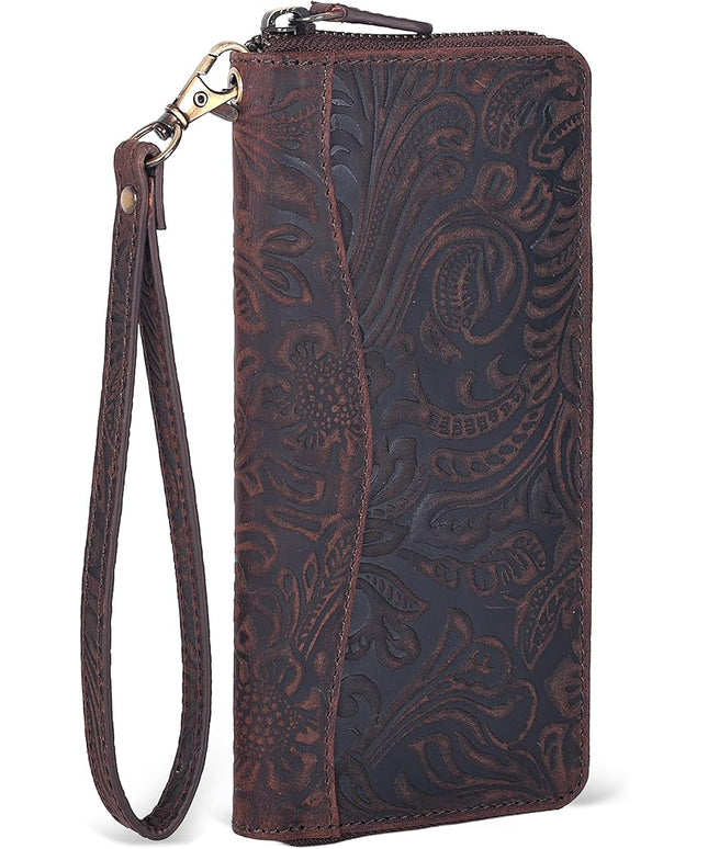 Oak Leathers Leather Wallet for Women - RFID Womens Wallet Clutch with 8 Credit Card Holder, Coin Pocket Vintage Brown Embossed