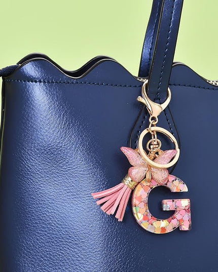 Fashion Alphabet Initial Letter Keychain Tassel Butterfly Pendant Key Ring for Purse Handbags Women Girl