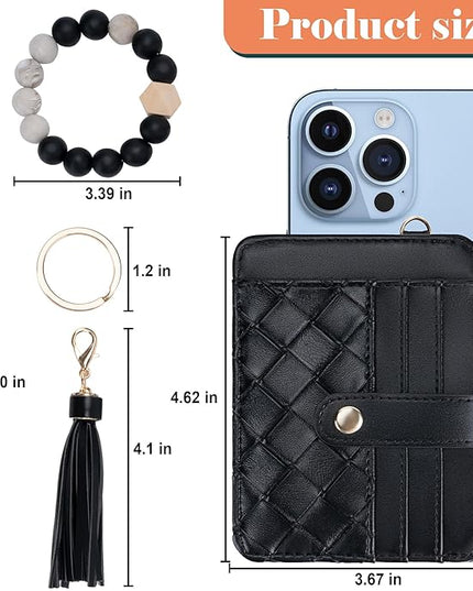 Keychain Wallet with Bracelet RFID Blocking Wristlet Credit Purse Card Holder, Silicone Bead Tassel Key Ring for Women