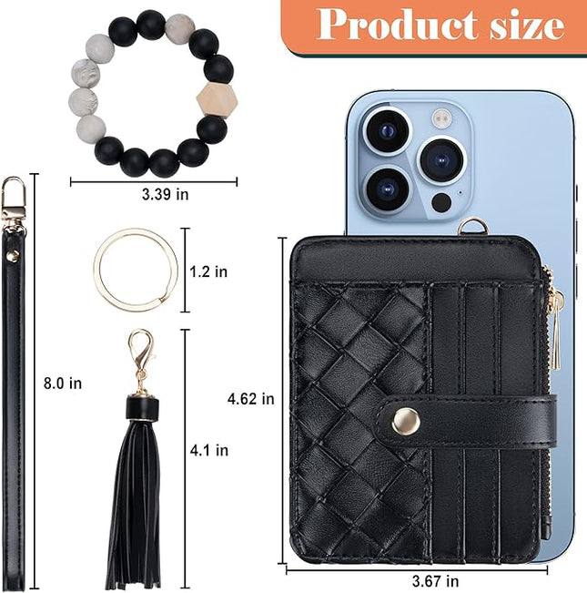 Keychain Wallet with Bracelet RFID Blocking Wristlet Credit Purse Card Holder, Silicone Bead Tassel Key Ring for Women