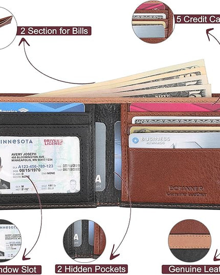 BOTANNER Genuine Leather Mens Bifold Wallet RFID Blocking 5 Credit Card Slots 1 ID Window 2 Sections for Bills 2 Additional Slots | Tan/Camel/Black