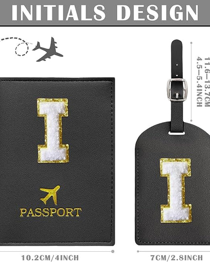 COSHAYSOO Black Passport Cover and Luggage Tag Set TSA Approved with Her Initial Chenille Letter Patch, Trendy Travel Bag Backpack Suitcase Identifier Gifts for Daughter Mother Sister in Law (I)