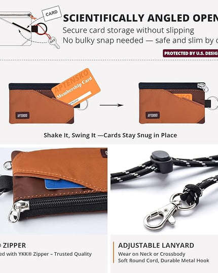 RFID Travel Wallet with Adjustable Lanyard-Zipper Small Wallet with ID Card Holder, Keychain for women&men-Minimalist Slim Waterproof Nylon case for ID, Cash, Key (Rust+Coffee)