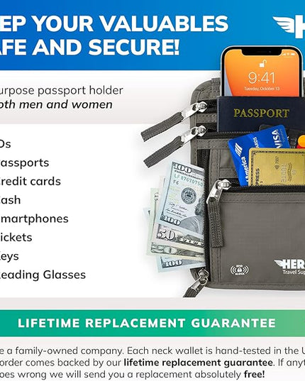 HERO Neck Wallet, RFID Blocking Passport Holder, Easy to Conceal Travel Pouch