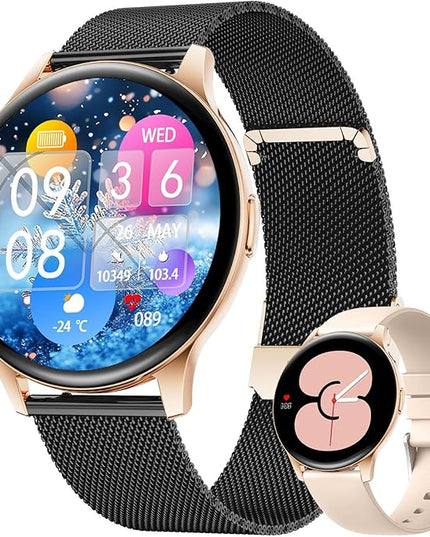 LIGE Smart Watch for Women, 1.43" AMOLED Screen Smartwatch with Answer/Make Call for iPhone/Android/Samsung,Fitness Tracker with 120+ Sport Modes,Health Monitor, IP68 Waterproof,2 Bands,Black Gold