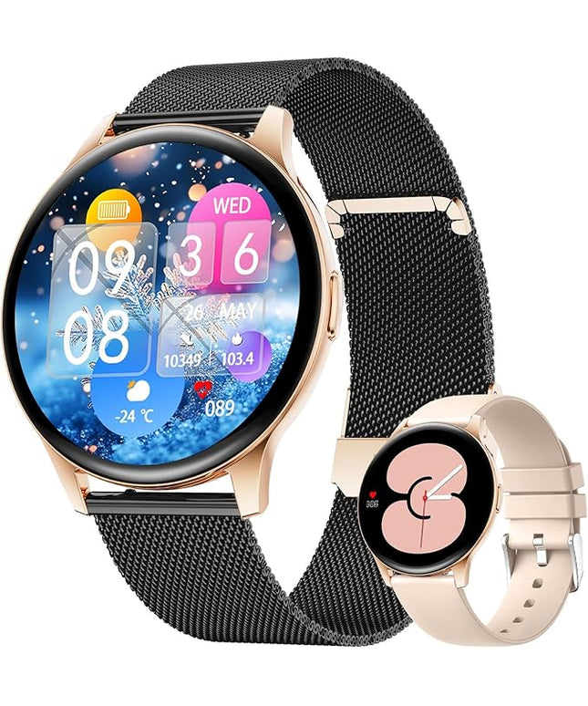 LIGE Smart Watch for Women, 1.43" AMOLED Screen Smartwatch with Answer/Make Call for iPhone/Android/Samsung,Fitness Tracker with 120+ Sport Modes,Health Monitor, IP68 Waterproof,2 Bands,Black Gold