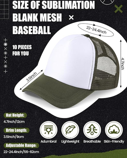 10 Pcs Sublimation Blank Trucker Hats Bulk Mesh Baseball Cap Polyester Mesh Trucker Hat for Men and Women