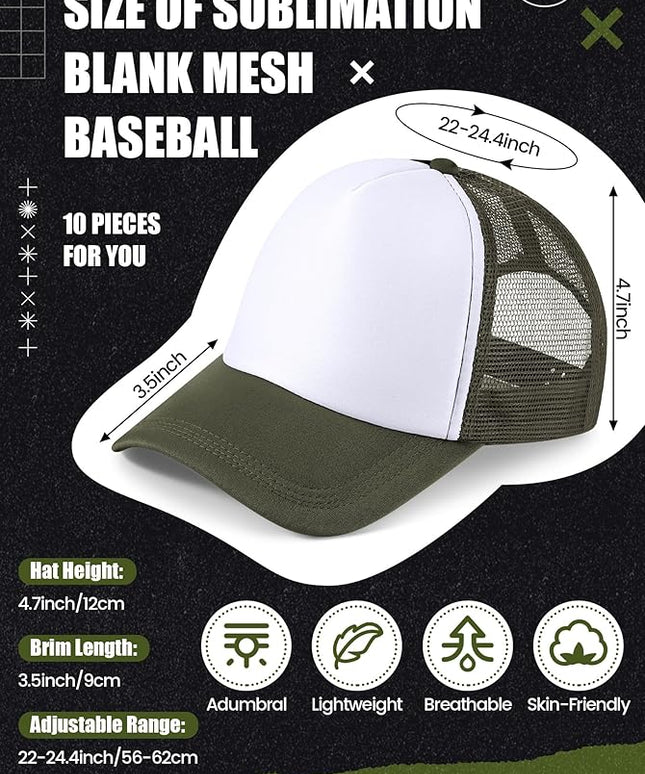 10 Pcs Sublimation Blank Trucker Hats Bulk Mesh Baseball Cap Polyester Mesh Trucker Hat for Men and Women
